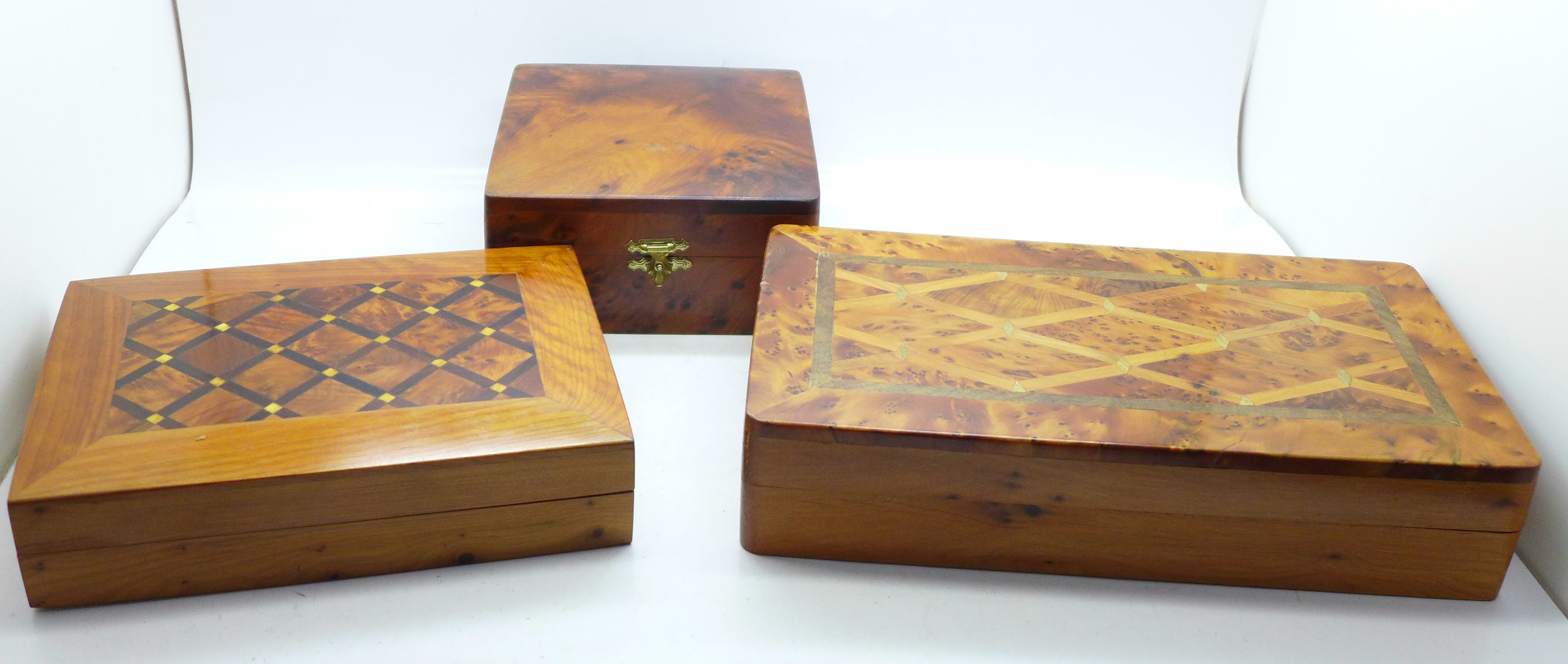 Three thuga wood marquetery boxes plus one other