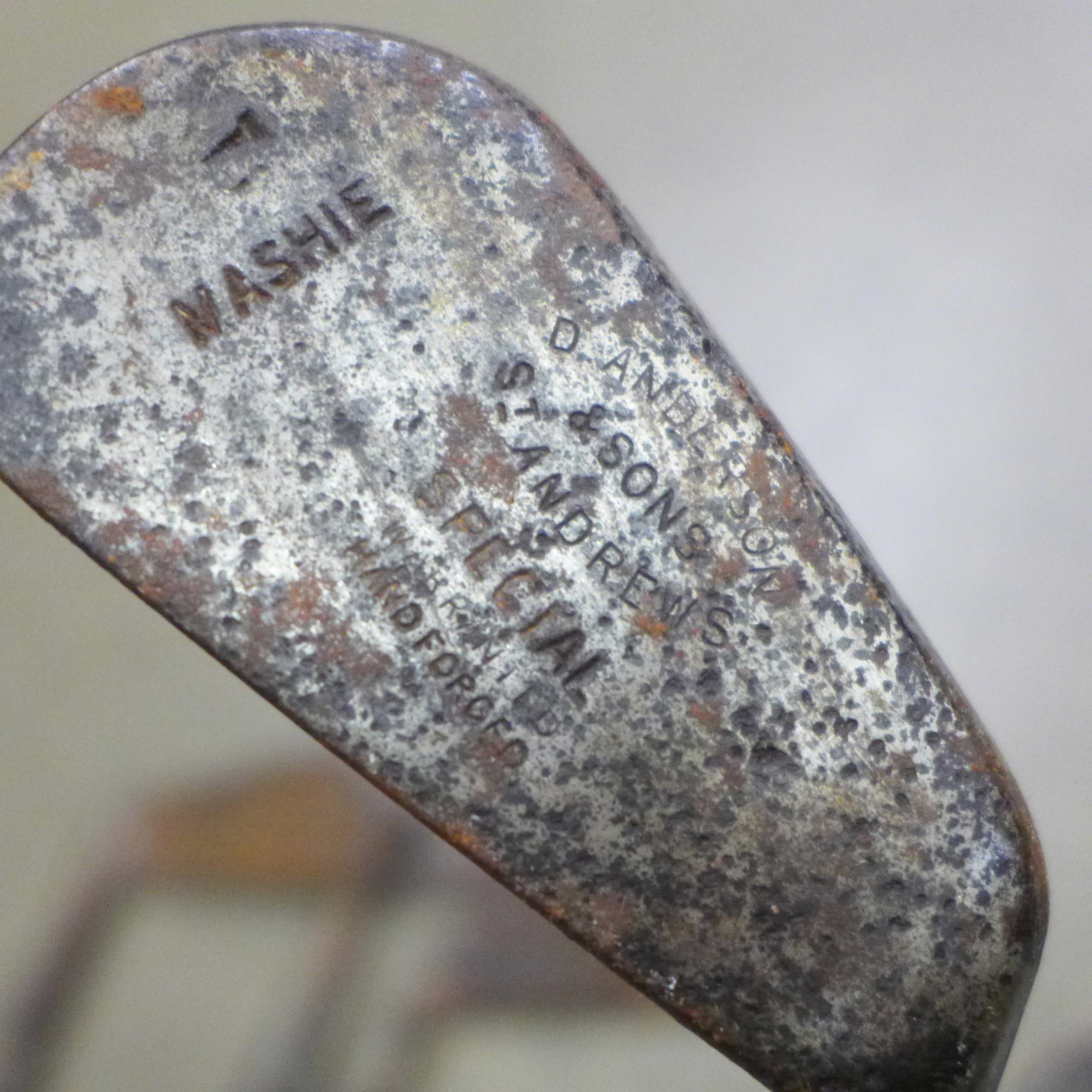 Seven hickory shafted golf clubs including Mashie made by Anderson & Sons of St. Andrews, Jiggers by - Image 6 of 9