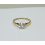 An 18ct gold, platinum set diamond solitaire ring, approximately 0.85 carat diamond weight, 2.4g, O,