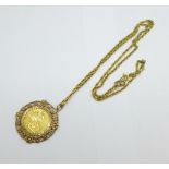 A Victorian 1885 full sovereign Melbourne mint, in a 9ct gold pendant mount and on a 9ct gold chain,