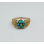 A Victorian turquoise and pearl cluster ring, (tests as gold), 1.6g, M