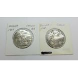 Two Victorian silver 1889 crowns
