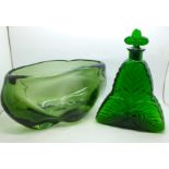 A large art glass vase and a green glass Bohemian decanter (inner rim and stopper chipped)