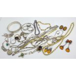 Silver jewellery including a hallmarked bangle, an elephant bracelet and a Thomas Sabo neck chain,
