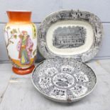 A plate with Buckingham Palace in the centre, a circular dish and glass vase, chip on the rim **