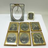 Six framed Victorian portrait photographs, a micro-mosaic frame, a/f, and a small porcelain frame