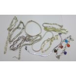 Ten silver bracelets and a silver necklace, 95g