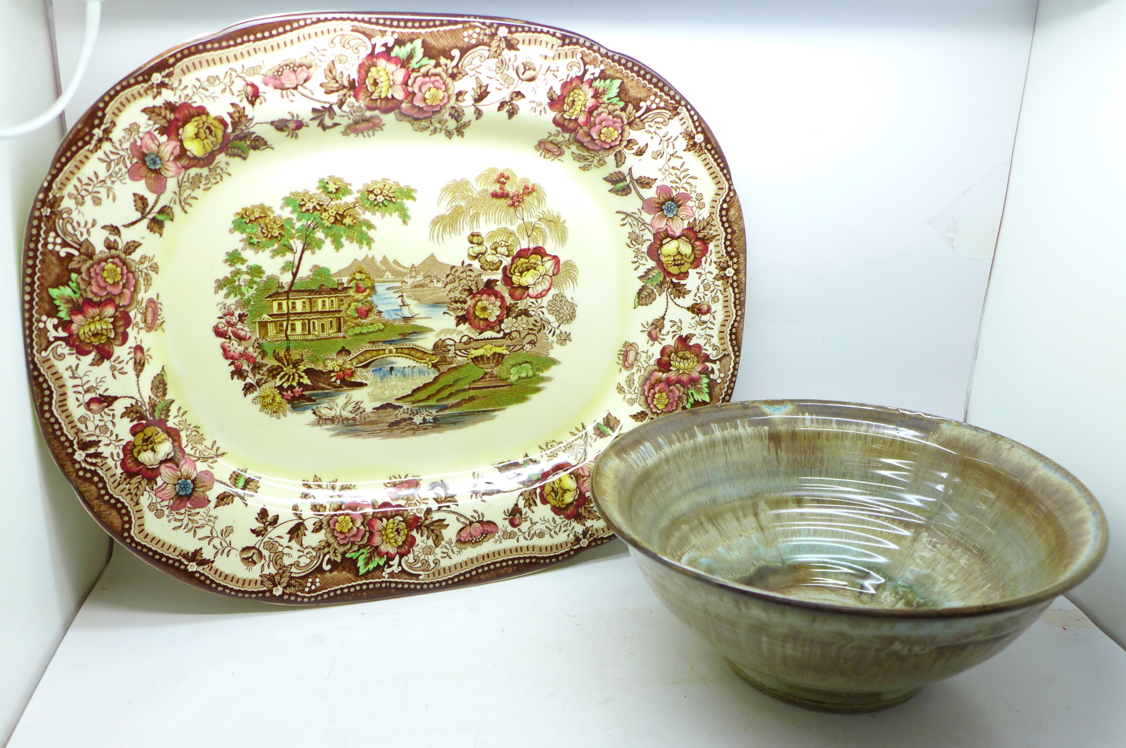 A Royal Staffordshire Clarice Cliff meat plate and a studio pottery bowl