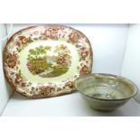A Royal Staffordshire Clarice Cliff meat plate and a studio pottery bowl