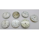 Seven mixed pocket watch movements, three Waltham, one fusee, one centre-seconds chronograph, one