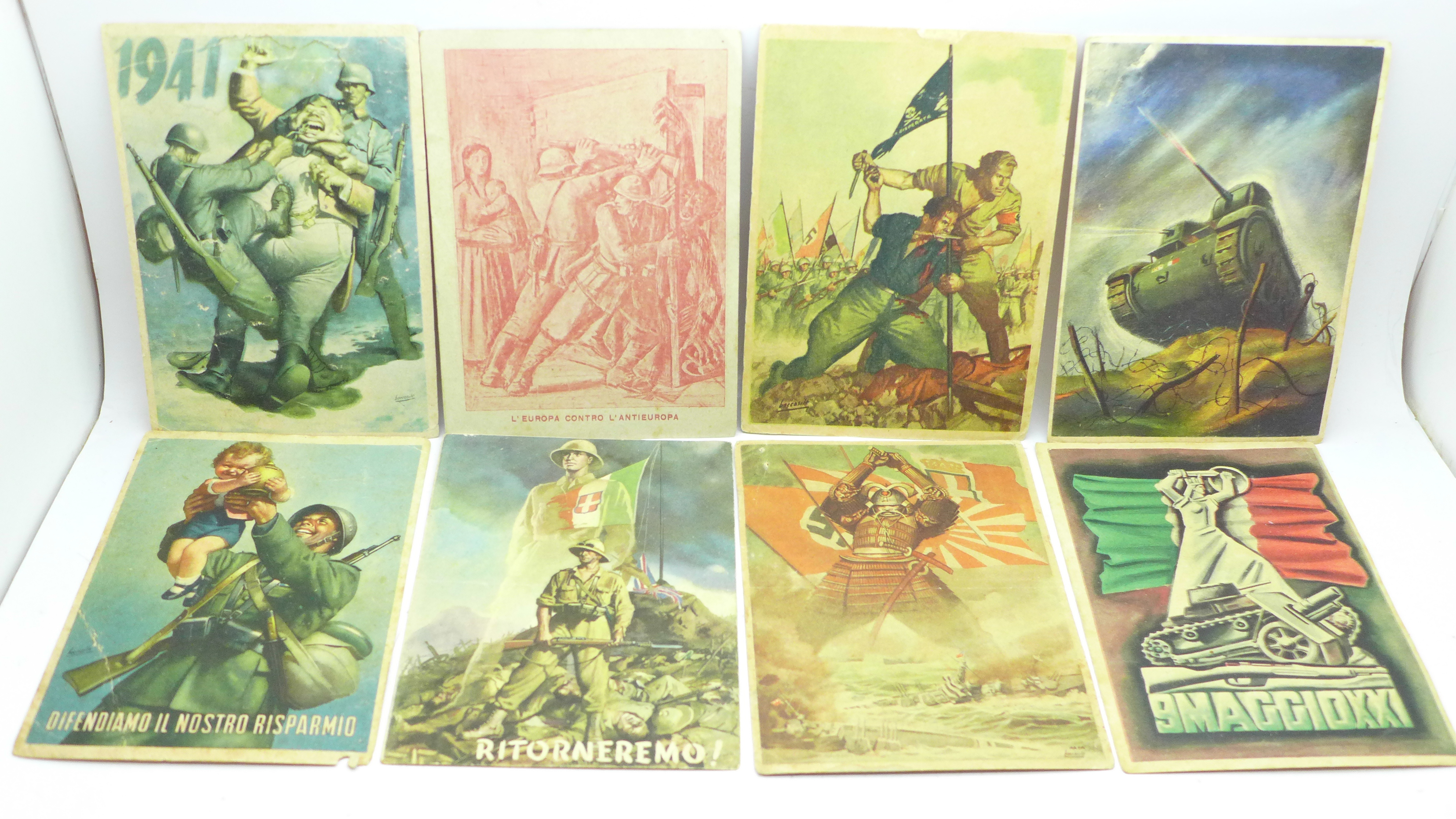 Eight WWII Italian propaganda postcards