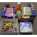 A collection of animal toys and Littlest Pet Shop sets, boxed, a Jack in a box, a spinning top, a