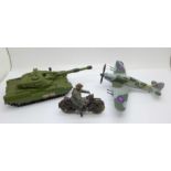 Two Dinky Toys; Chieftan Tank and Hawker Hurricane MKII C and an Elastolin and tinplate motorcycle