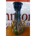 A Belgian majolica snake handled studio pottery vase (one handle repaired)