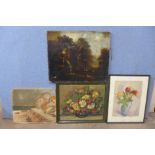 Three assorted oils and a still life of flowers, watercolour, framed