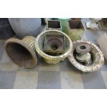 Assorted Victorian cast iron campagna garden urns and bases, a/f