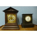 A 19th Century German Junghans mahogany mantel clock and a Belgian slate mantel clock, a/f