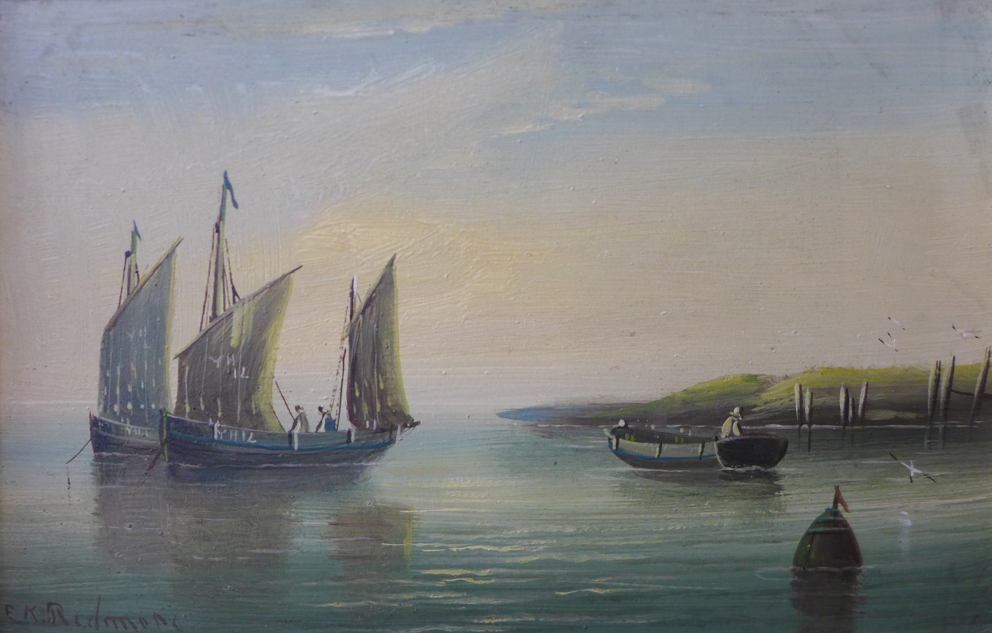 Edward King Redmore (1869 - 1941), shipping off the coast, pair of oil on boards, 14 x 22cms, framed - Image 2 of 3