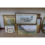 Assorted oils, prints, watercolours and a gilt picture frame