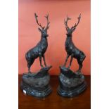 A pair of large French style bronze stags, on black marble plinths, 74cms h