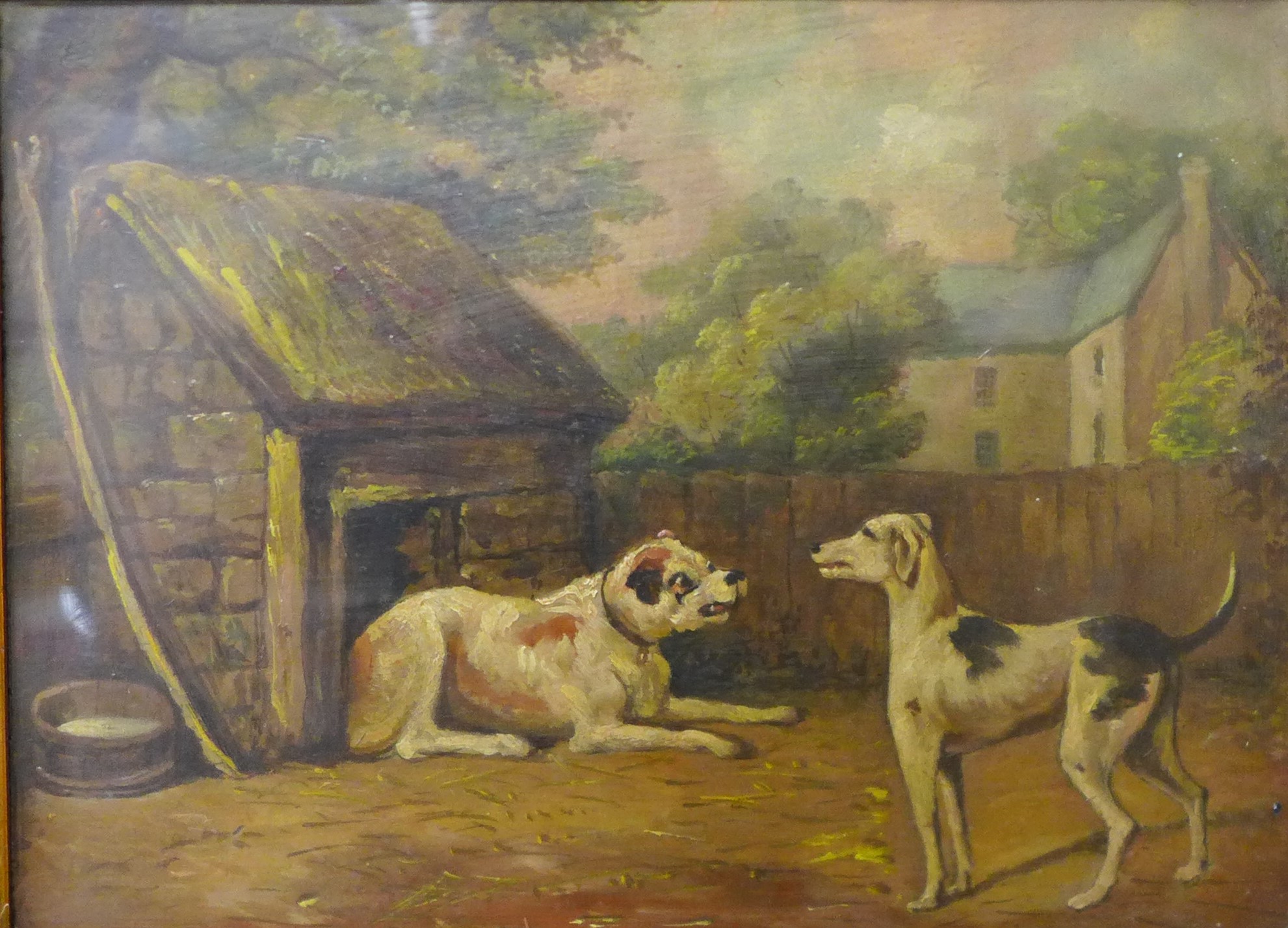 English School (late 19th/early 20th Century), two dogs in a yard, oil on board, 22 x 29cms, framed