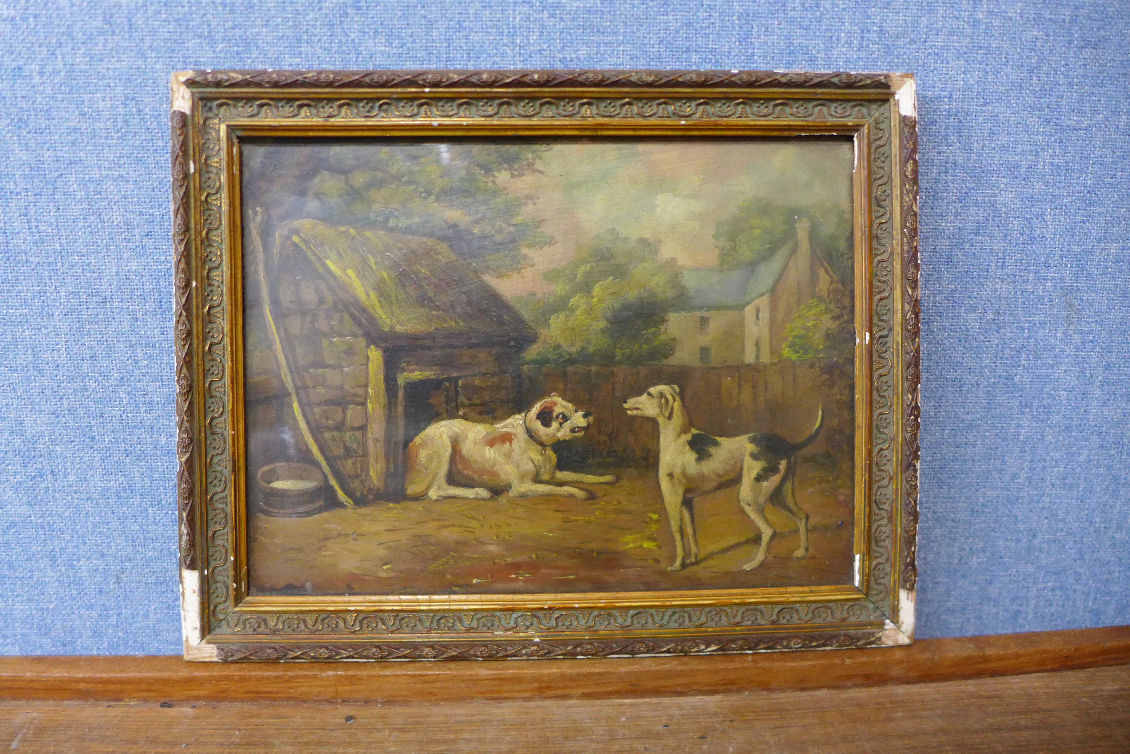 English School (late 19th/early 20th Century), two dogs in a yard, oil on board, 22 x 29cms, framed - Image 2 of 2