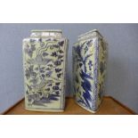 A pair of oriental blue and white porcelain triangular vases