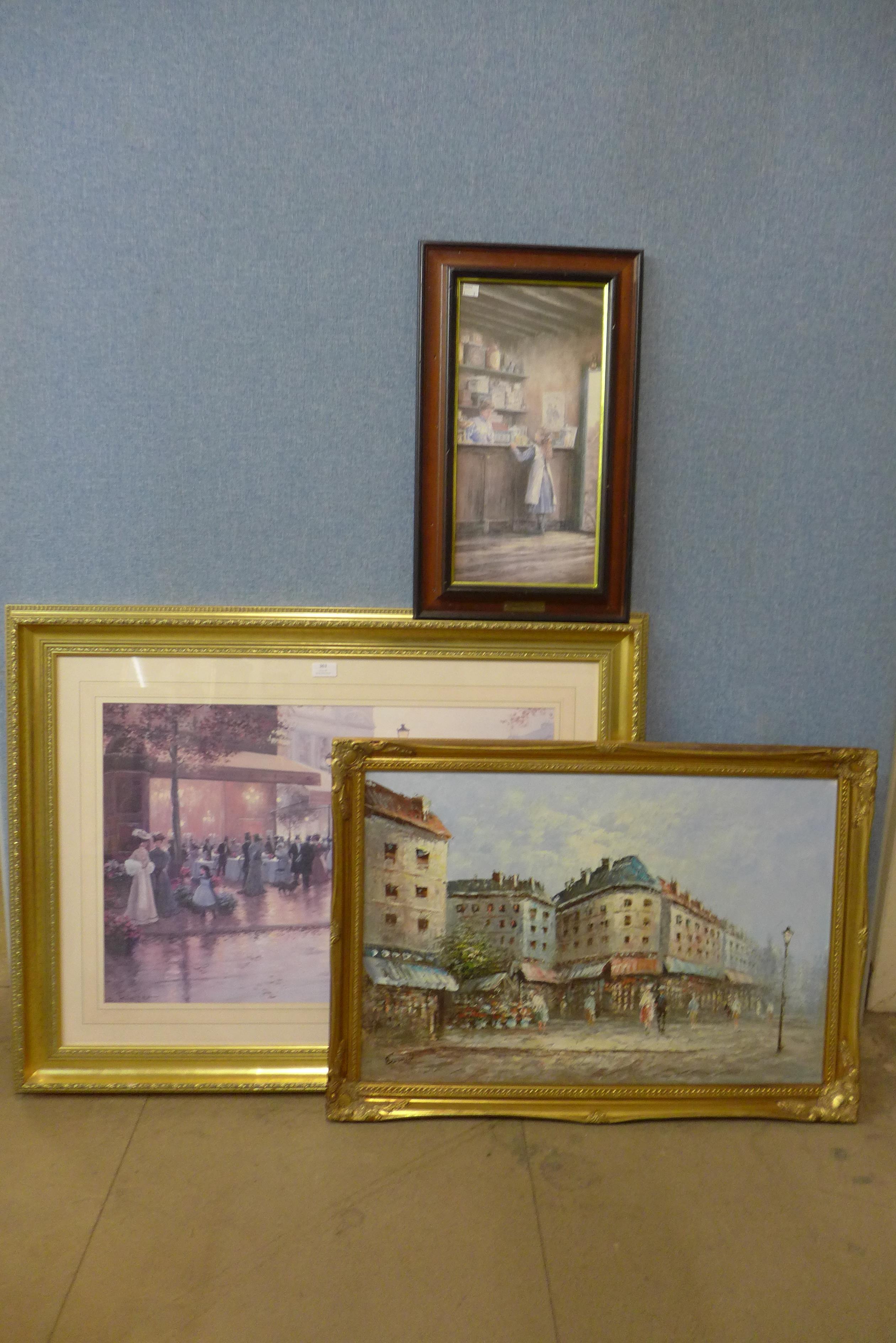 Burnett, Parisian street landscape, oil on canvas and two prints framed