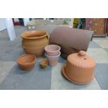 Assorted terracotta, including plant pots, urn, etc.