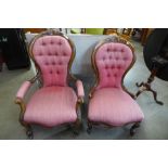 A pair of Victorian ladies and gentleman's walnut and upholstered spoonback chairs