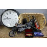 A model bike and a collection of model instruments and a clock **PLEASE NOTE THIS LOT IS NOT