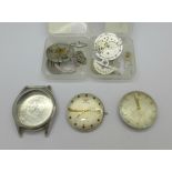 Two Longines wristwatch movements including one automatic, a Longines case and other parts
