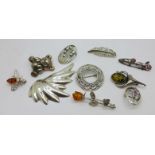 Ten silver brooches including Art Nouveau style