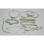 Six silver bracelets and four bangles including three small children's size