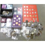 A collection of British and foreign coins, a tin of crowns, a 1970 Coinage of Great Britain pack and