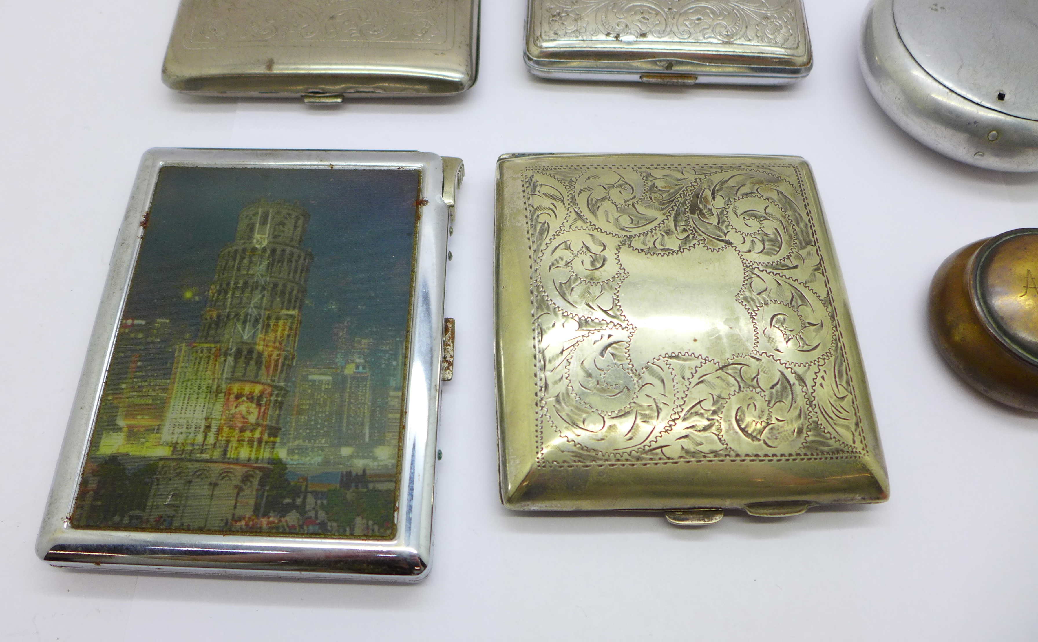 Four cigarette cases, an aluminium tobacco box, a/f and a lidded pot marked Arras - Image 2 of 5