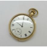 A Waltham Traveler gold plated pocket watch in a Dennison case