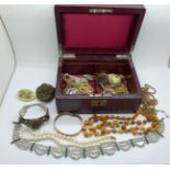 A jewellery box and vintage costume jewellery, etc.