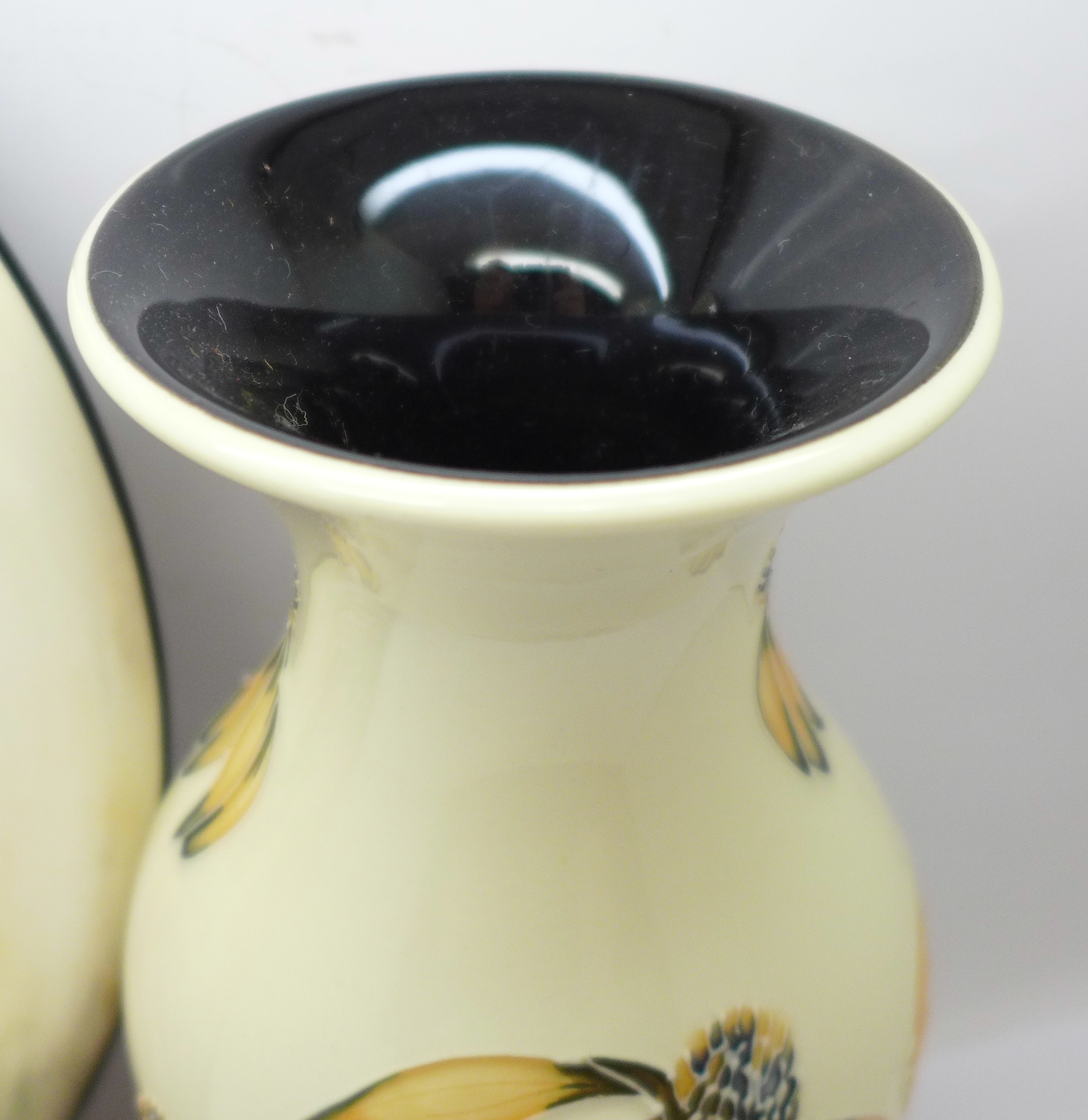 A Moorcroft Cone Flower plate, 26cm (crazed to centre) and vase, 19.5cm - Image 2 of 5