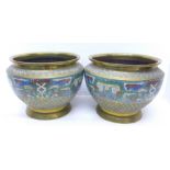 A pair of late 19th Century Chinese champleve/cloisonne enamel on brass bowls with 'TaoTie'