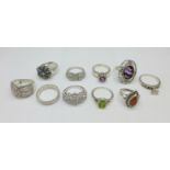 A collection of ten silver rings including one set with Blue John, one lacking two marcasite