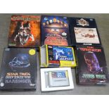 A collection of PC games, The Terminator Future Shock, Super Aleste for Super Nintendo, Star Trek
