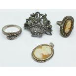 Silver jewellery, snake ring lacking some marcasite