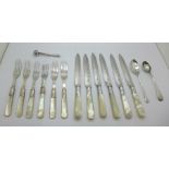 Two silver spoons, 37g, a whistle and mother of pearl handled cake knives and forks, (one odd