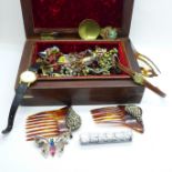 A brass inlaid jewellery box with costume jewellery, lady's wristwatches and spoons