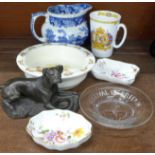 A collection of china including two Royal Crown Derby pin dishes, Royal Doulton baby's plate,