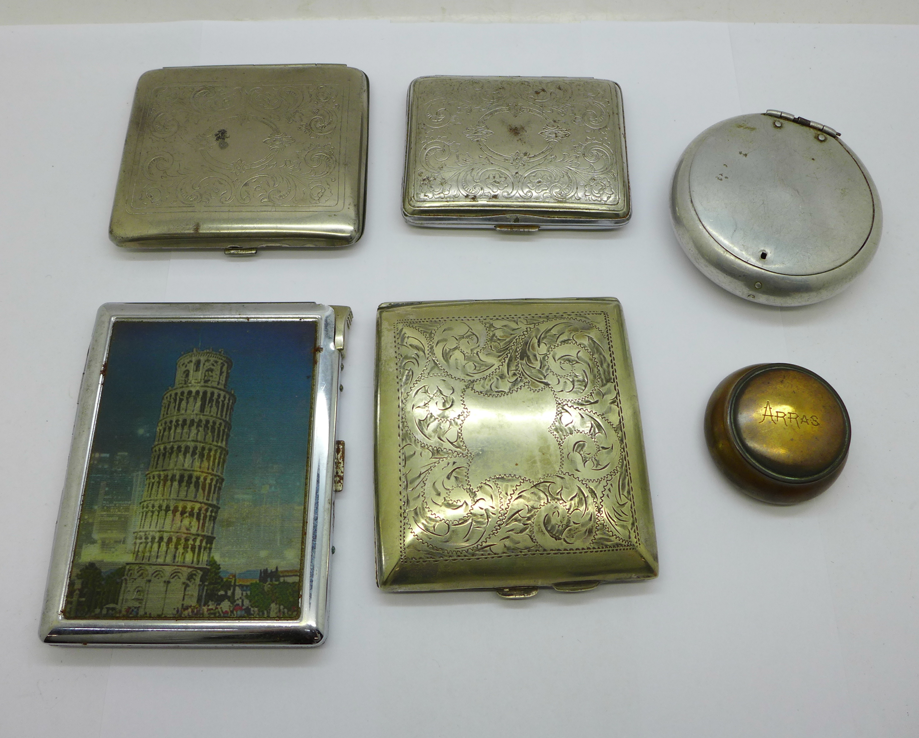 Four cigarette cases, an aluminium tobacco box, a/f and a lidded pot marked Arras