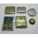 Four cigarette cases, an aluminium tobacco box, a/f and a lidded pot marked Arras