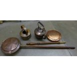 Two copper warming pans, a/f, and two copper kettles **PLEASE NOTE THIS LOT IS NOT ELIGIBLE FOR