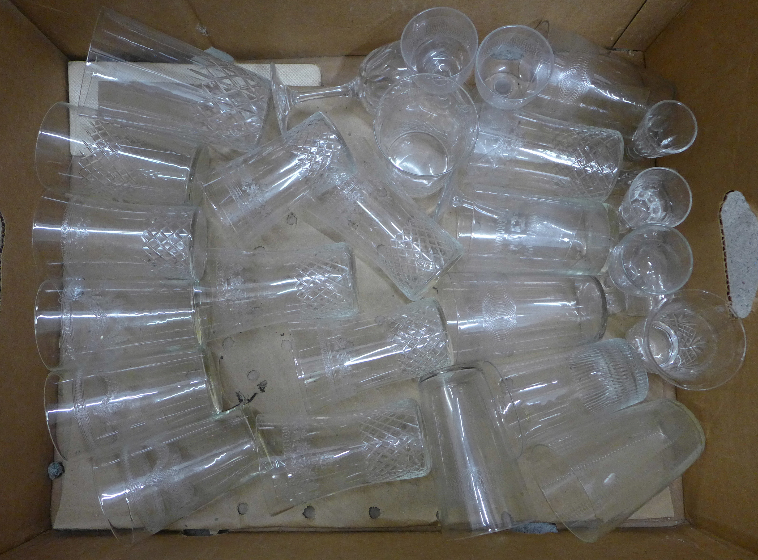 A box of etched glass **PLEASE NOTE THIS LOT IS NOT ELIGIBLE FOR POSTING AND PACKING**